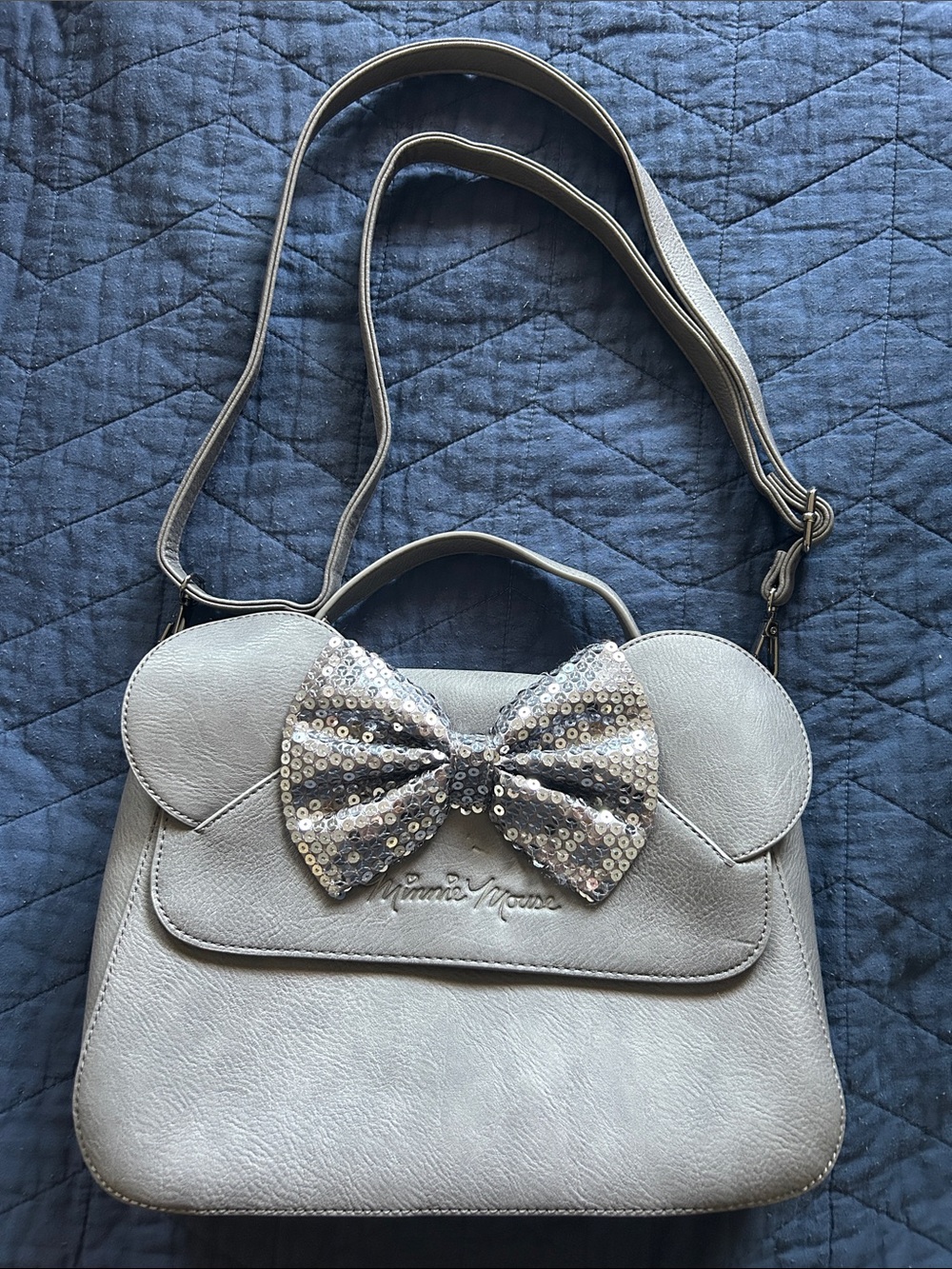 Gray Sequin Minnie Mouse Bow Top-Handle Crossbody Bag